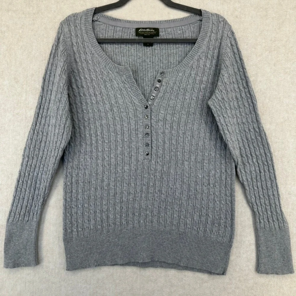 Eddie Bauer Cable Knit Button Henley Sweater Women Large Gray Cotton Nylon - Picture 1 of 4